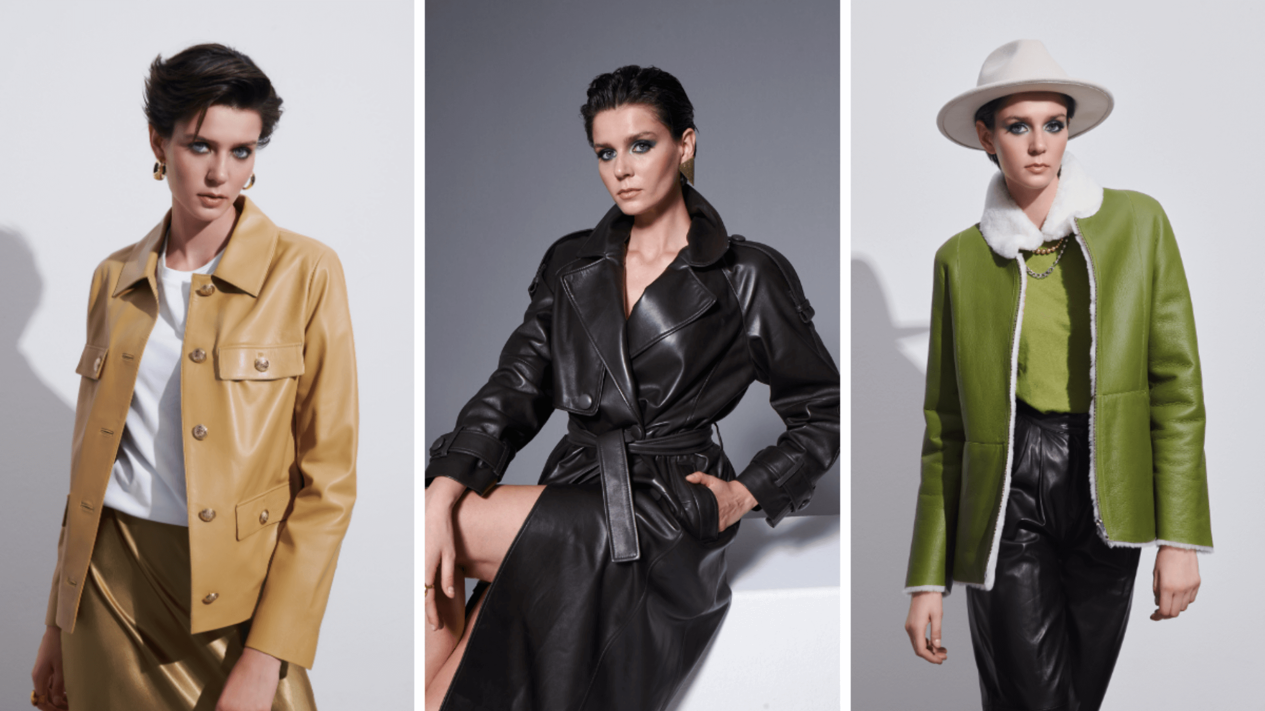 a collection of leather jackets and coats