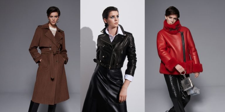 Koç Leather & Fur women’s collection featuring a brown trench coat, a black leather biker jacket, and a red shearling coat, timeless outerwear elegance.