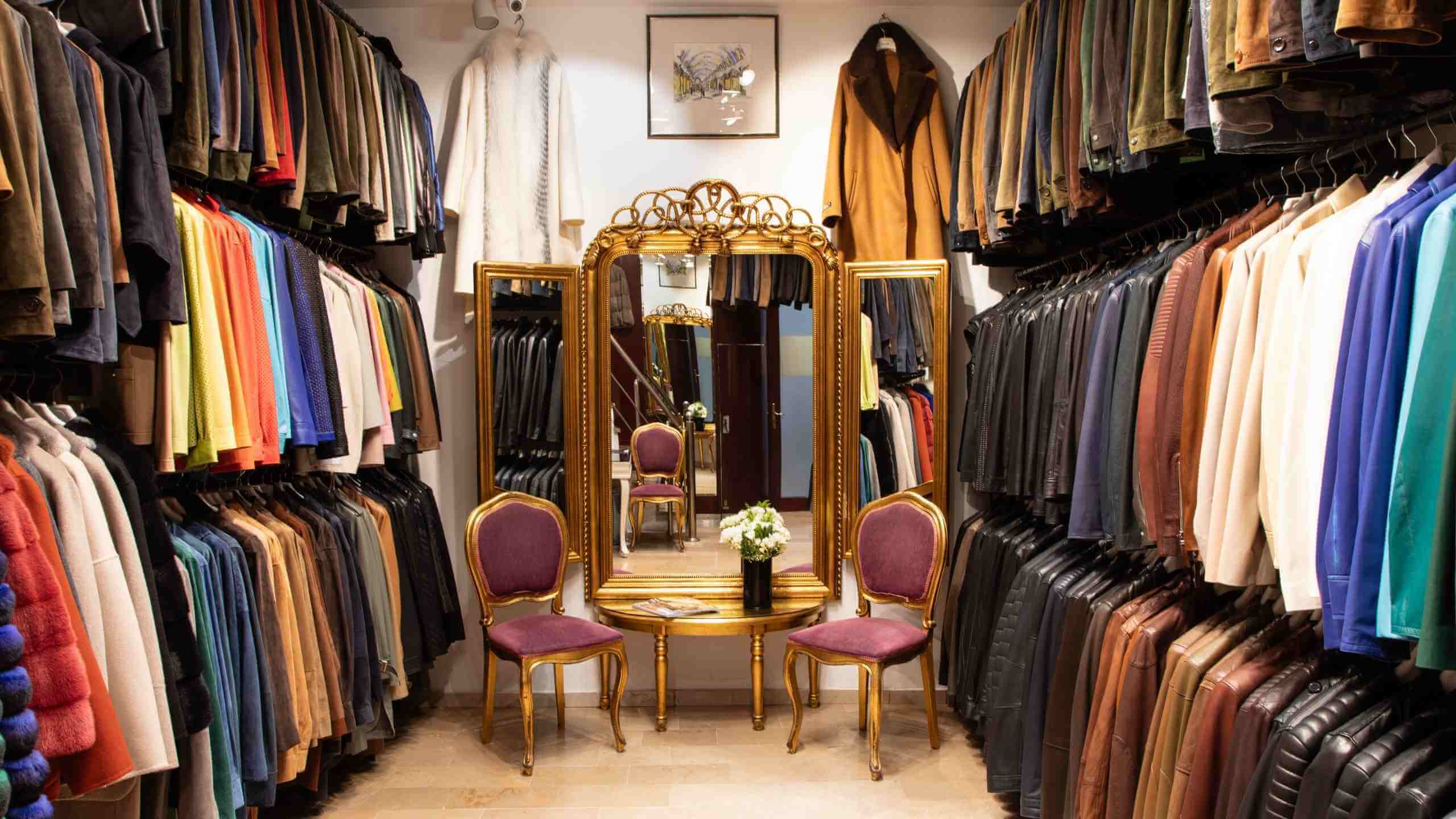 Inside view of a luxury leather shop in Istanbul’s Grand Bazaar — handcrafted jackets and coats at Koç Leather & Fur.